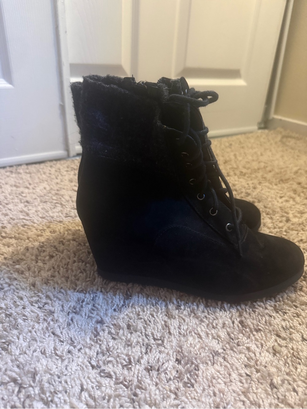 SO Black Lace-Up Wedge Ankle Boots with Faux Fur Trim